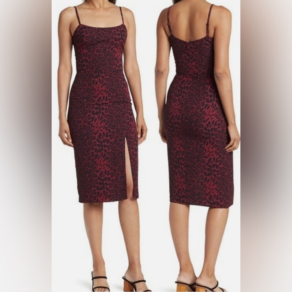 Anthropologie‎ Dress The Population Leopard Print Burgundy Shaireen Midi Dress
